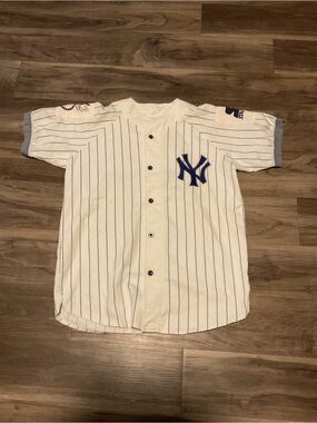 STARTER New York Yankees White Navy Pinstripe Baseball Jersey